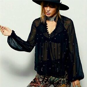 Free People Mock Neck Sheer Black Blouse With Buttons. Size Small